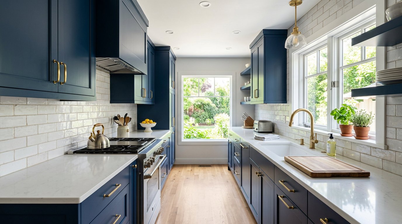 White subway tile backsplash in a navy galley kitchen in Berlin CT